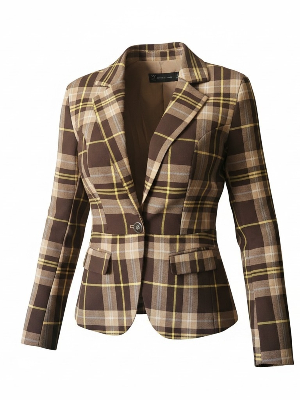 New York & Company Brown Plaid Tailored Blazer with Yellow Accents